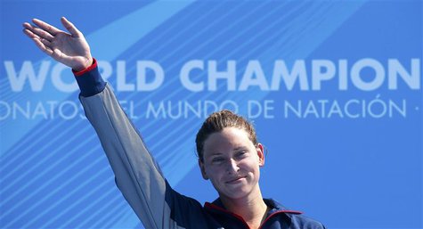 Winner Haley Danita Anderson of the U.S. celebrates on the podium after the women's 5km open water race during the World Swimming Championsh Winner Haley Danita Anderson of the U.S. celebrates on the podium after the women's 5km open water race during the World Swimming Championsh