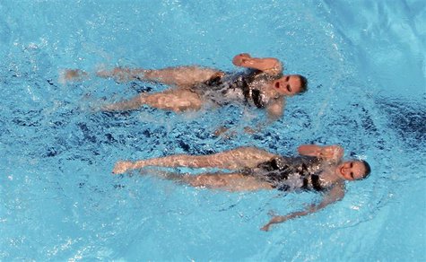 Russia's Svetlana Kolesnichenko and Svetlana Romashina perform in the synchronised swimming duet technical routine final during the World Sw Russia's Svetlana Kolesnichenko and Svetlana Romashina perform in the synchronised swimming duet technical routine final during the World Sw