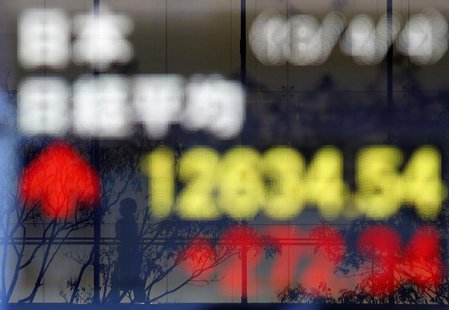 A passerby is reflected in an electronic board showing Japan's Nikkei average outside a brokerage in Tokyo April 4, 2013. REUTERS/Yuya Shino A passerby is reflected in an electronic board showing Japan's Nikkei average outside a brokerage in Tokyo April 4, 2013. REUTERS/Yuya Shino