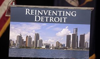 A image of the Detroit skyline is seen on the podium where Detroit Emergency Manager Kevyn Orr and Michigan Governor Rick Snyder addressed the media about filing bankruptcy for the city of Detroit during a news conference in Detroit, Michigan July 19, 2013.
Credit: Reuters/ Rebecca Cook
A image of the Detroit skyline is seen on the podium where Detroit Emergency Manager Kevyn Orr and Michigan Governor Rick Snyder addressed the media about filing bankruptcy for the city of Detroit during a news conference in Detroit, Michigan July 19, 2013.
Credit: Reuters/ Rebecca Cook