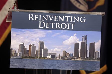 A image of the Detroit skyline is seen on the podium where Detroit Emergency Manager Kevyn Orr and Michigan Governor Rick Snyder addressed the media about filing bankruptcy for the city of Detroit during a news conference in Detroit, Michigan July 19, 2013.
Credit: Reuters/ Rebecca Cook
A image of the Detroit skyline is seen on the podium where Detroit Emergency Manager Kevyn Orr and Michigan Governor Rick Snyder addressed the media about filing bankruptcy for the city of Detroit during a news conference in Detroit, Michigan July 19, 2013.
Credit: Reuters/ Rebecca Cook