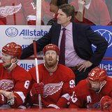 Detroit Red Wings head coach Mike Babcock stands behind Justin Abdelkader (8), Johan Franzen (seated C) and Pavel Datsyuk (seated R) in the Detroit Red Wings head coach Mike Babcock stands behind Justin Abdelkader (8), Johan Franzen (seated C) and Pavel Datsyuk (seated R) in the