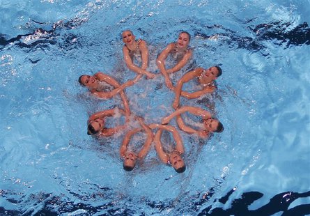 Russia's team perform in the synchronized swimming team technical final during the World Swimming Championships at the Sant Jordi arena in B Russia's team perform in the synchronized swimming team technical final during the World Swimming Championships at the Sant Jordi arena in B