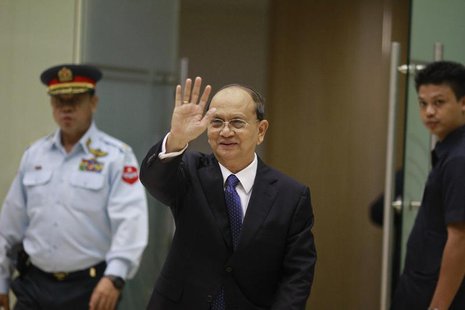 Myanmar's President Thein Sein waves as he arrives at Yangon International Airport after returning from the U.S. May 22, 2013. REUTERS/Soe Z Myanmar's President Thein Sein waves as he arrives at Yangon International Airport after returning from the U.S. May 22, 2013. REUTERS/Soe Z