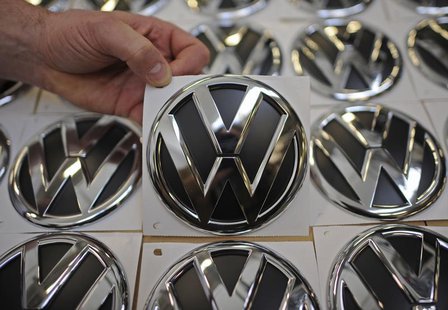 VW emblems are presented in a production line at the plant of German carmaker Volkswagen in Wolfsburg, March 7, 2012. REUTERS/Fabian Bimmer VW emblems are presented in a production line at the plant of German carmaker Volkswagen in Wolfsburg, March 7, 2012. REUTERS/Fabian Bimmer