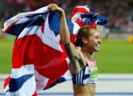 Jessica Ennis of Britain celebrates after winning the women's heptathlon during the world athletics championships at the Olympic stadium in Jessica Ennis of Britain celebrates after winning the women's heptathlon during the world athletics championships at the Olympic stadium in