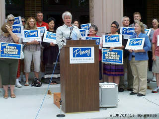 Surrounded by supporters in front of Appleton West High School, State Rep. Penny Bernard Schaber (D-Appleton) announces plans to run for the state Senate, July 23, 2013. (courtesy of FOX 11). Surrounded by supporters in front of Appleton West High School, State Rep. Penny Bernard Schaber (D-Appleton) announces plans to run for the state Senate, July 23, 2013. (courtesy of FOX 11).