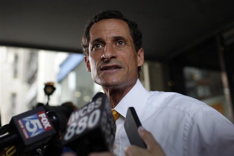 Former U.S. congressman from New York and current Democratic candidate for New York City Mayor Anthony Weiner stops to speak to the media ou Former U.S. congressman from New York and current Democratic candidate for New York City Mayor Anthony Weiner stops to speak to the media ou