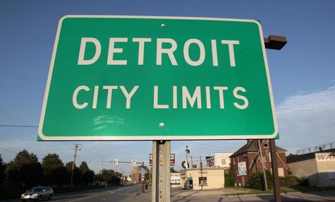 A 'Detroit City Limits' border sign is seen as traffic enters a westside neighborhood in Detroit, Michigan July 22, 2013. REUTERS/ Rebecca C A 'Detroit City Limits' border sign is seen as traffic enters a westside neighborhood in Detroit, Michigan July 22, 2013. REUTERS/ Rebecca C