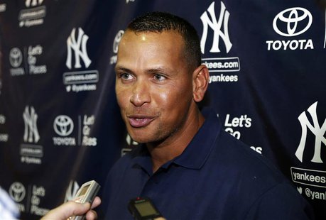 New York Yankees' Alex Rodriguez speaks with reporters following his rehab assignment for the Tampa Yankees in a minor league baseball game New York Yankees' Alex Rodriguez speaks with reporters following his rehab assignment for the Tampa Yankees in a minor league baseball game