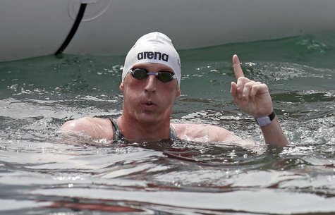 Thomas Peter Lurz of Germany celebrates as he won the men's 25km open water race during the World Swimming Championships at De La Fusta venu Thomas Peter Lurz of Germany celebrates as he won the men's 25km open water race during the World Swimming Championships at De La Fusta venu