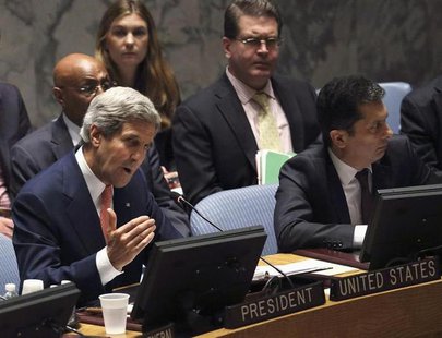 U.S. Secretary of State John Kerry (L) addresses the United Nations Security Council at the United Nations Headquarters in New York, July 25 U.S. Secretary of State John Kerry (L) addresses the United Nations Security Council at the United Nations Headquarters in New York, July 25