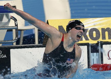 Katie Ledecky of the U.S. celebrates after winning the women's 400m freestyle final during the World Swimming Championships at the Sant Jord Katie Ledecky of the U.S. celebrates after winning the women's 400m freestyle final during the World Swimming Championships at the Sant Jord