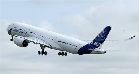 The new Airbus A350 takes off for its maiden flight at the Toulouse-Blagnac airport in southwestern France June 14, 2013. REUTERS/Jean-Phili The new Airbus A350 takes off for its maiden flight at the Toulouse-Blagnac airport in southwestern France June 14, 2013. REUTERS/Jean-Phili