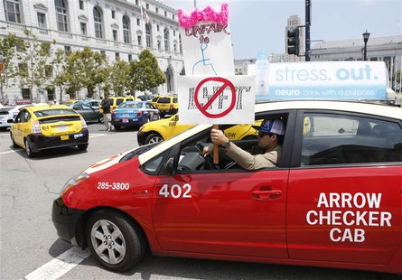 San Francisco taxi driver Joel Sanchez shows his opposition to Lyft, one of the ride sharing programs taxi drivers say is operating illegall San Francisco taxi driver Joel Sanchez shows his opposition to Lyft, one of the ride sharing programs taxi drivers say is operating illegall