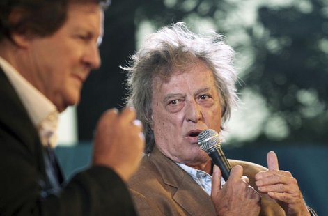 British playwright Tom Stoppard (R) speaks as British director David Hare watches during the annual Literature Festival in Jaipur, capital o British playwright Tom Stoppard (R) speaks as British director David Hare watches during the annual Literature Festival in Jaipur, capital o
