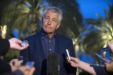 U.S. Secretary of Defense Chuck Hagel speaks with reporters after reading a statement on chemical weapon use in Syria during a news conferen U.S. Secretary of Defense Chuck Hagel speaks with reporters after reading a statement on chemical weapon use in Syria during a news conferen