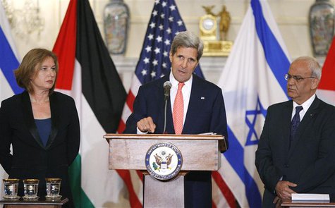U.S. Secretary of State John Kerry announces further peace talks at a news conference with Israel's Justice Minister Tzipi Livni (L) and Chi U.S. Secretary of State John Kerry announces further peace talks at a news conference with Israel's Justice Minister Tzipi Livni (L) and Chi