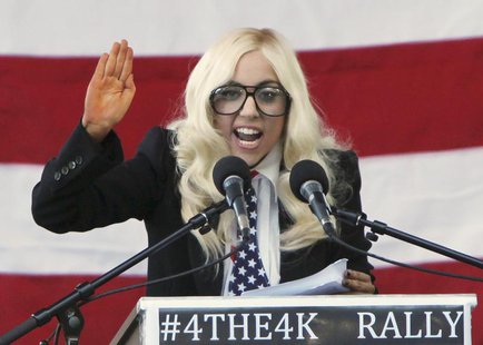 Singer Lady Gaga speaks at a rally in Portland, Maine, September 20, 2010 urging members of the Senate to repeal the military rule banning o Singer Lady Gaga speaks at a rally in Portland, Maine, September 20, 2010 urging members of the Senate to repeal the military rule banning o