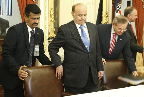 Yemeni President Abd Rabbu Mansour Hadi (C) takes his seat to meet with Senate Foreign Relations Committee Chairman Robert Menendez (D-NJ) ( Yemeni President Abd Rabbu Mansour Hadi (C) takes his seat to meet with Senate Foreign Relations Committee Chairman Robert Menendez (D-NJ) (