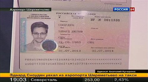 A picture of fugitive former U.S. spy agency contractor Edward Snowden in his new refugee documents granted by Russia in Moscow's Sheremetye A picture of fugitive former U.S. spy agency contractor Edward Snowden in his new refugee documents granted by Russia in Moscow's Sheremetye