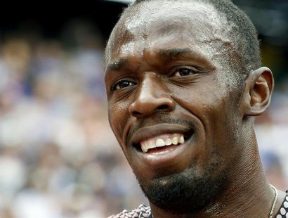 Jamaica's Usain Bolt reacts after winning the men's 4X100m relay event for the Racers Track Club at the London Diamond League 'Anniversary G Jamaica's Usain Bolt reacts after winning the men's 4X100m relay event for the Racers Track Club at the London Diamond League 'Anniversary G