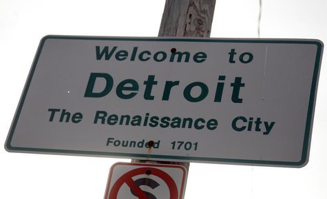 A 'Welcome to Detroit' sign is seen along 8 Mile Road in Detroit, Michigan January 27, 2013. REUTERS/Rebecca Cook A 'Welcome to Detroit' sign is seen along 8 Mile Road in Detroit, Michigan January 27, 2013. REUTERS/Rebecca Cook