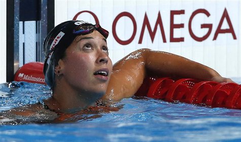 Ranomi Kromowidjojo of the Netherlands reacts after her women's 50m freestyle semi-final during the World Swimming Championships at the Sant Ranomi Kromowidjojo of the Netherlands reacts after her women's 50m freestyle semi-final during the World Swimming Championships at the Sant