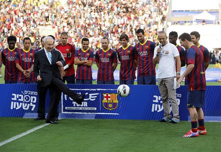 Israel's President Shimon Peres (L) kicks the ball to Barcelona's Lionel Messi (R) at the opening of a soccer clinic with Arab and Jewish ch Israel's President Shimon Peres (L) kicks the ball to Barcelona's Lionel Messi (R) at the opening of a soccer clinic with Arab and Jewish ch