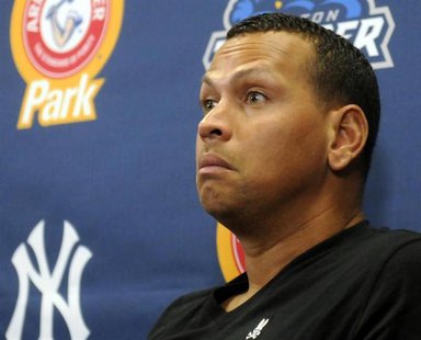 New York Yankee's Alex Rodriguez reacts to a question at a news conference after playing for the Trenton Thunder in their rehab minor league New York Yankee's Alex Rodriguez reacts to a question at a news conference after playing for the Trenton Thunder in their rehab minor league