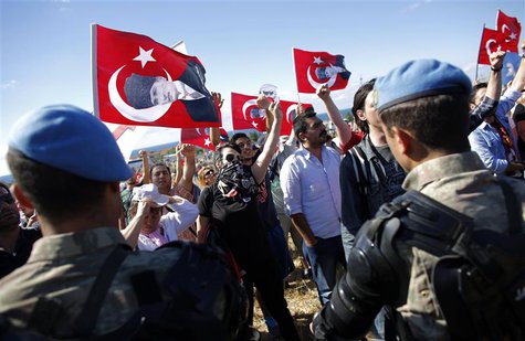 Protesters are blocked by Turkish soldiers as they try to march to a courthouse in Silivri, where a hearing for people charged with attempti Protesters are blocked by Turkish soldiers as they try to march to a courthouse in Silivri, where a hearing for people charged with attempti