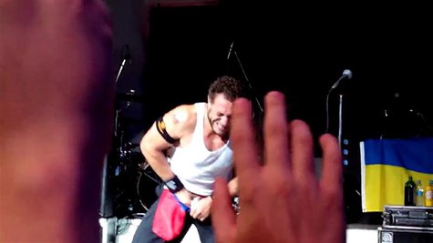 Bassist Jared Hasselhoff of the rock group Bloodhound Gang is seen pushing the Russian white-blue-red tricolour flag into the front of his p Bassist Jared Hasselhoff of the rock group Bloodhound Gang is seen pushing the Russian white-blue-red tricolour flag into the front of his p