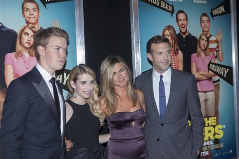 (L - R) Cast members Will Poulter, Emma Roberts, Jennifer Aniston and Jason Sudeikis arrive for the premiere of the film "We're the Millers" (L - R) Cast members Will Poulter, Emma Roberts, Jennifer Aniston and Jason Sudeikis arrive for the premiere of the film "We're the Millers"