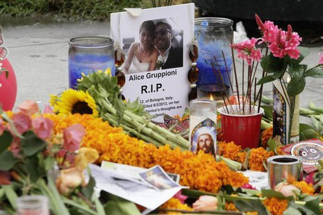 A makeshift memorial stands on the Venice Beach boardwalk for Alice Gruppioni, a tourist on her honeymoon from Bologna, Italy, who was kille A makeshift memorial stands on the Venice Beach boardwalk for Alice Gruppioni, a tourist on her honeymoon from Bologna, Italy, who was kille