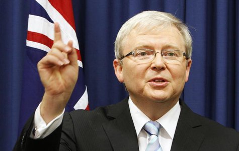 Australia's former Prime Minister and until recently Foreign Minister, Kevin Rudd, gestures at a news conference at the Commonwealth Parliam Australia's former Prime Minister and until recently Foreign Minister, Kevin Rudd, gestures at a news conference at the Commonwealth Parliam