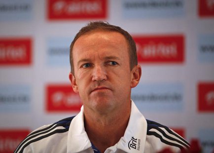 England's team coach Andy Flower attends a news conference before the first three day first practice match against India A cricket team in M England's team coach Andy Flower attends a news conference before the first three day first practice match against India A cricket team in M