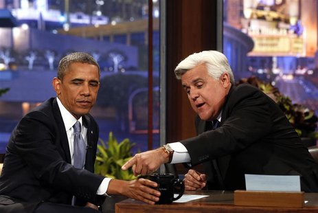 U.S. President Barack Obama sits next to Jay Leno during the taping of "The Tonight Show with Jay Leno" comedy show at the NBC Studios in Bu U.S. President Barack Obama sits next to Jay Leno during the taping of "The Tonight Show with Jay Leno" comedy show at the NBC Studios in Bu