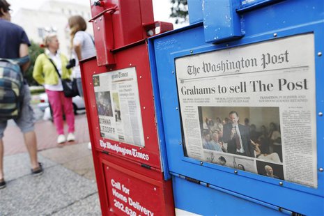 A newspaper box offers copies of the Washington Post for sale near the U.S. Capitol in Washington, August 6, 2013. REUTERS/Jonathan Ernst A newspaper box offers copies of the Washington Post for sale near the U.S. Capitol in Washington, August 6, 2013. REUTERS/Jonathan Ernst