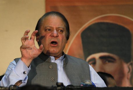 Prime Minister-elect and leader of the Pakistan Muslim League-Nawaz (PML-N) political party Nawaz Sharif speaks to his party workers during Prime Minister-elect and leader of the Pakistan Muslim League-Nawaz (PML-N) political party Nawaz Sharif speaks to his party workers during