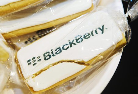 A view shows a cracked cookie with a Blackberry logo at the Blackberry Z10 launch at a Rogers store in Toronto February 5, 2013. REUTERS/Mar A view shows a cracked cookie with a Blackberry logo at the Blackberry Z10 launch at a Rogers store in Toronto February 5, 2013. REUTERS/Mar