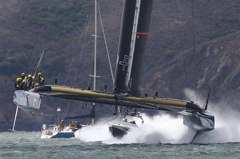 Artemis Racing AC 72 catamaran races towards the finish line as they compete in a seven-leg course in Race 1 of the Louis Vuitton Cup semifi Artemis Racing AC 72 catamaran races towards the finish line as they compete in a seven-leg course in Race 1 of the Louis Vuitton Cup semifi