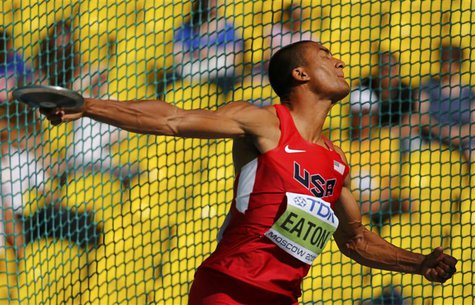 Ashton Eaton of the U.S. competes in the men's decathlon discus throw event during the IAAF World Athletics Championships at the Luzhniki st Ashton Eaton of the U.S. competes in the men's decathlon discus throw event during the IAAF World Athletics Championships at the Luzhniki st