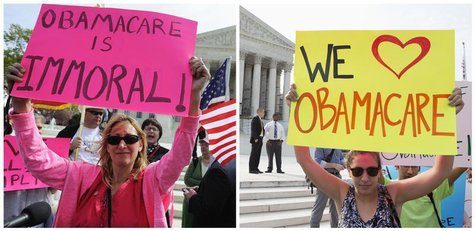A combination file photo shows opponents (L) and supporters (R) of Affordable Healthcare Act rally on the sidewalk at the Supreme Court in W A combination file photo shows opponents (L) and supporters (R) of Affordable Healthcare Act rally on the sidewalk at the Supreme Court in W
