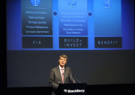 BlackBerry Chief Executive Thorsten Heins speaks at the company's annual meeting in Waterloo, Ontario July 9, 2013. REUTERS/Jon Blacker BlackBerry Chief Executive Thorsten Heins speaks at the company's annual meeting in Waterloo, Ontario July 9, 2013. REUTERS/Jon Blacker