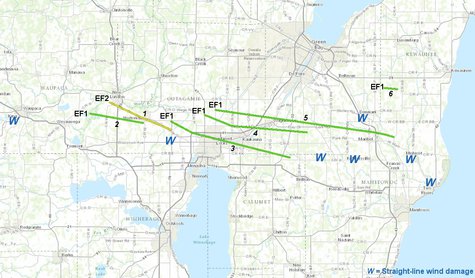 Tornado map for Tues. August 6th storms from the National Weather Service Tornado map for Tues. August 6th storms from the National Weather Service
