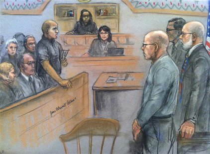 James "Whitey" Bulger (front, R) listens to the verdict in his murder and racketeering trial as seen in this courtroom drawing in Boston Aug James "Whitey" Bulger (front, R) listens to the verdict in his murder and racketeering trial as seen in this courtroom drawing in Boston Aug