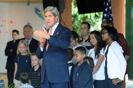 U.S. Secretary of State John Kerry gives a speech to employees of the U.S. Embassy and their relatives in Brasilia August 13, 2013. REUTERS/ U.S. Secretary of State John Kerry gives a speech to employees of the U.S. Embassy and their relatives in Brasilia August 13, 2013. REUTERS/
