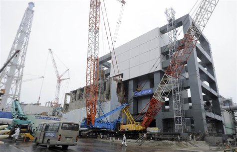 A general view of the cover installation for the spent fuel removed from the cooling pool at the No.4 reactor building at Tokyo Electric Pow A general view of the cover installation for the spent fuel removed from the cooling pool at the No.4 reactor building at Tokyo Electric Pow