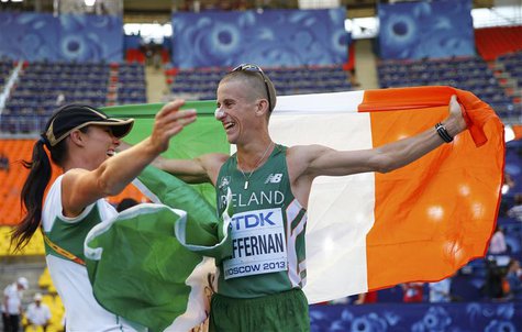 Robert Heffernan of Ireland celebrates winning the men's 50 km race walk final with his wife Marian during the IAAF World Athletics Champion Robert Heffernan of Ireland celebrates winning the men's 50 km race walk final with his wife Marian during the IAAF World Athletics Champion