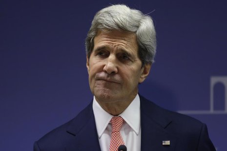 U.S. Secretary of State John Kerry reacts during a news conference with Brazil's Foreign Minister Antonio Patriota at the Itamaraty Palace i U.S. Secretary of State John Kerry reacts during a news conference with Brazil's Foreign Minister Antonio Patriota at the Itamaraty Palace i